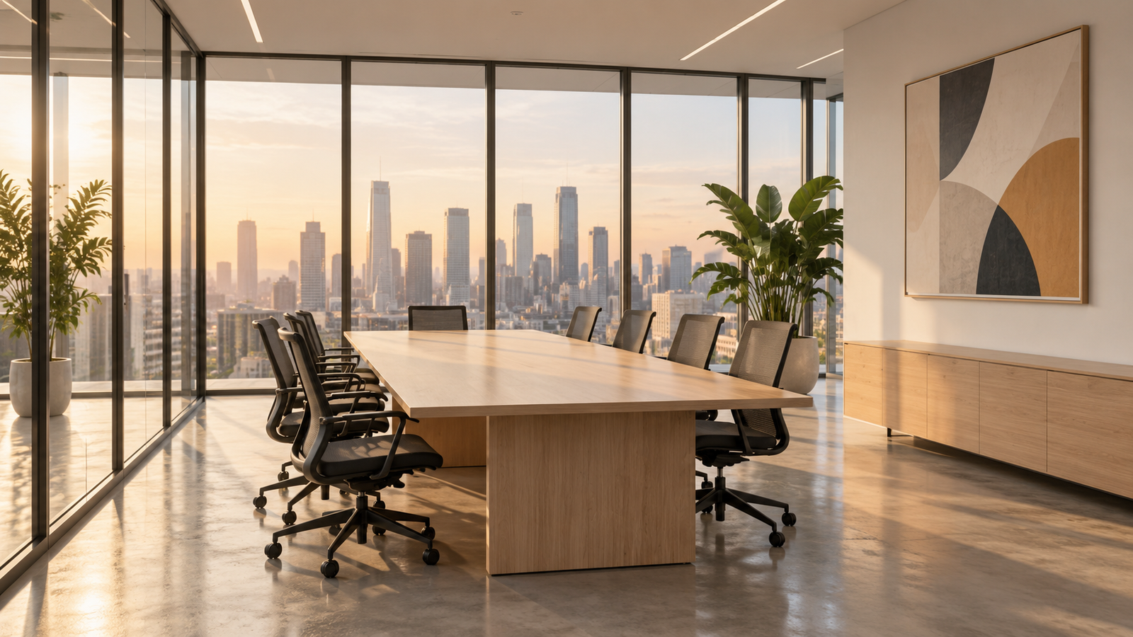 Empty modern meeting room with a long light-wood table, black mesh-back chairs, glass partitions, a blurred city skyline through large windows at golden hour, potted plants, and an abstract geometric artwork on the wall.