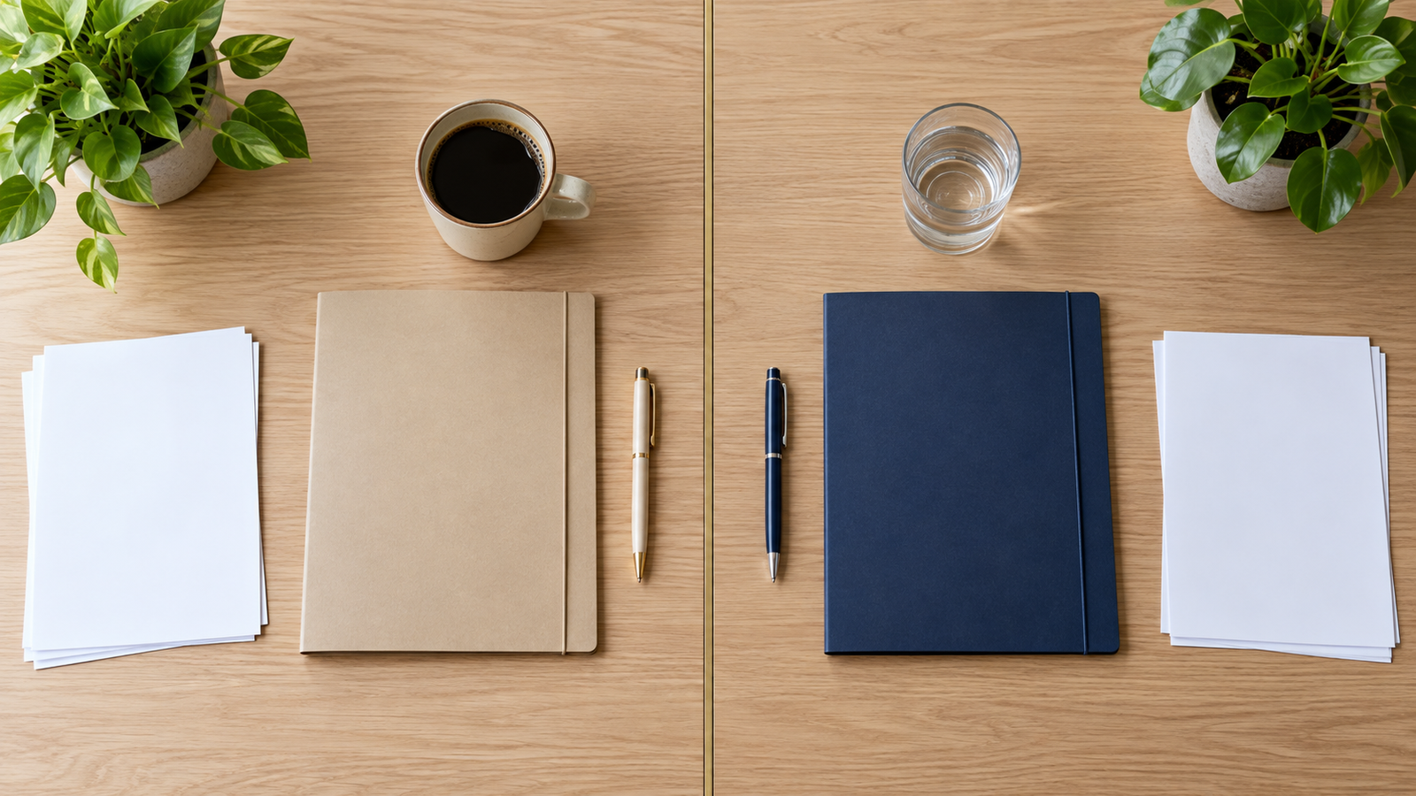 Overhead view of a light-wood desk split by a thin brass line, a beige folder, a pen, a coffee cup, and blank paper on the left, a navy folder, a different pen, a glass of water, and blank paper on the right, with small potted plants in each corner.