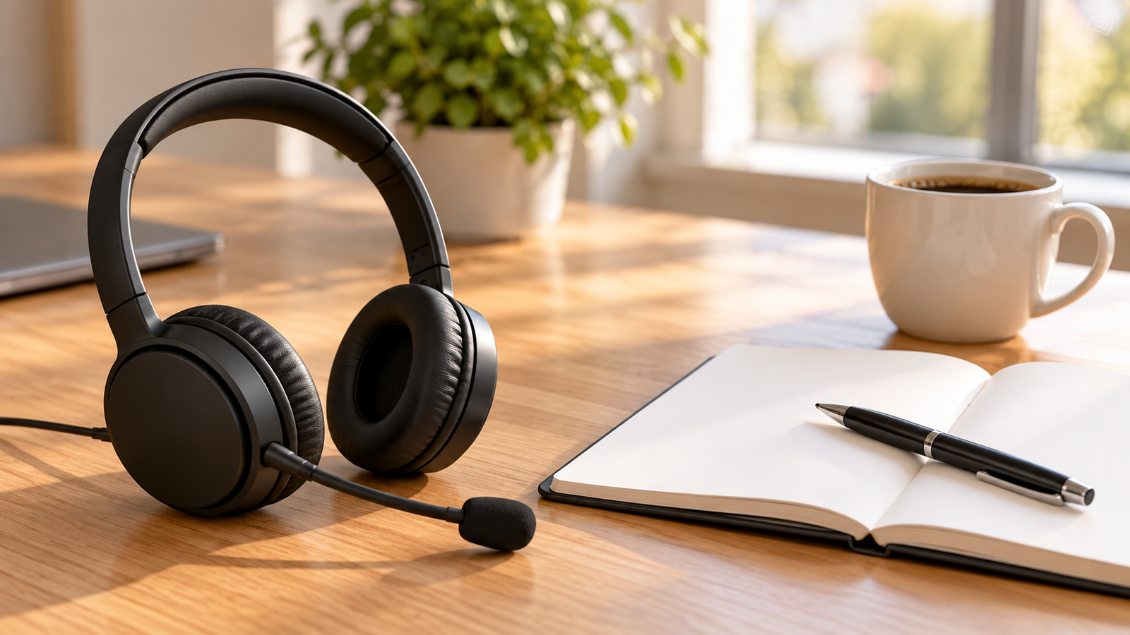 Matte black support headset with a microphone resting on a light-wood desk next to an open notebook with blank pages, a pen, and a coffee cup, with a blurred plant and window in the background.