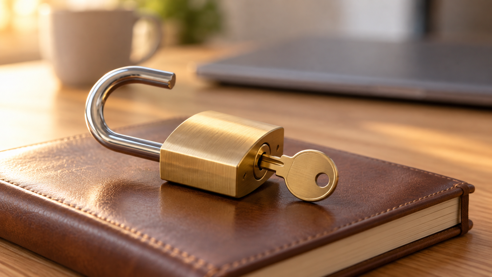 Close-up of an unlocked brushed-brass padlock with its key inserted, resting on a closed brown leather notebook on a light-wood desk, with a softly blurred laptop and cup in the background.